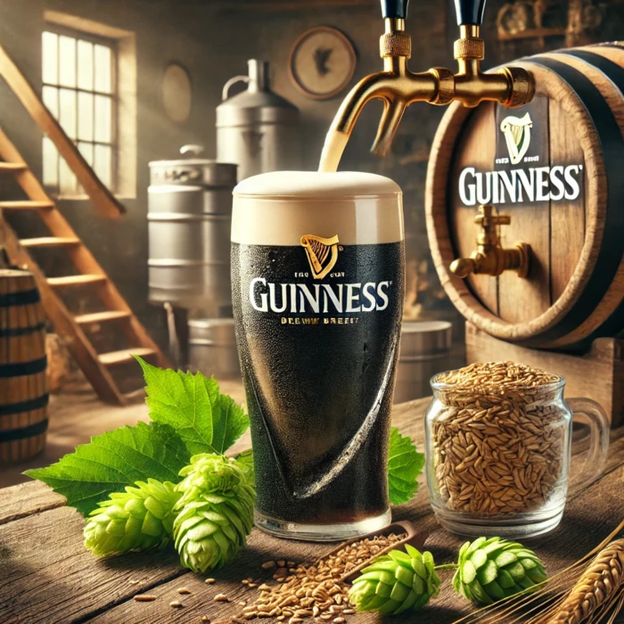 A pint of Guinness being poured with a creamy head, alongside fresh hops and brewing equipment, illustrating the concept of IBU and homebrewing