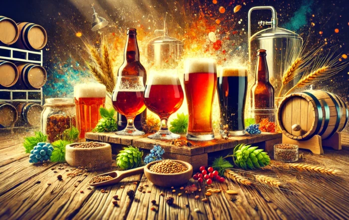 Various beer styles, including IPA, stout, and pale ale, on a rustic wooden table with hops, barley, and brewing ingredients in a cozy homebrewing setting, titled 'The Most Popular Beer Styles Brewed at Home'.